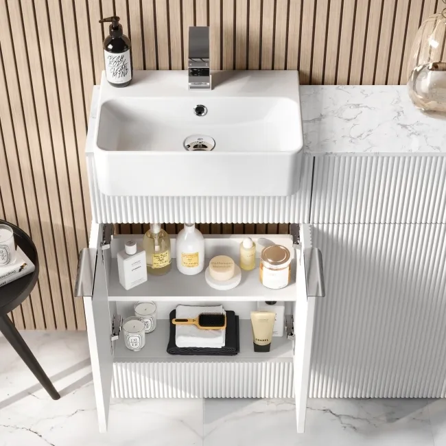 Sicily Fluted Coastal White Combination Vanity Basin with Marble Top & Tucson Toilet 1000mm - Chrome Handles
