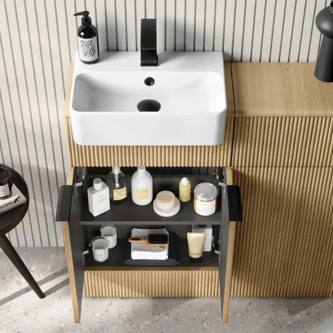 Sicily Fluted Country Oak Combination Vanity Basin and Miami Toilet 1000mm - Black Accents