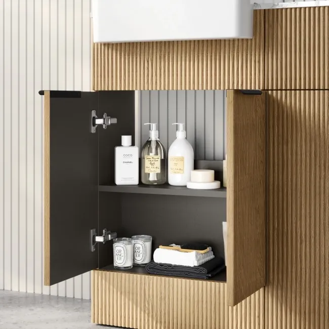 Sicily Fluted Country Oak Combination Vanity Basin with Marble Top & Utah Comfort Height Toilet 1000mm - Black Accents