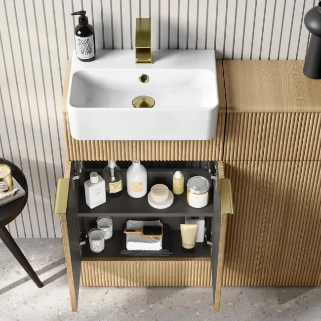 Sicily Fluted Country Oak Vanity and Back To Wall Toilet Unit 1000mm (Excludes Toilet) - Brushed Brass Accents