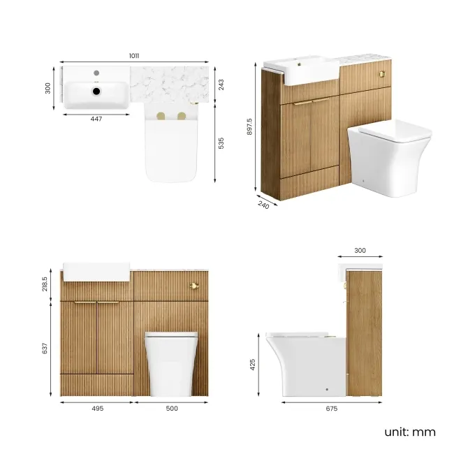Sicily Fluted Country Oak Combination Vanity Basin with Marble Top & Houston Toilet 1000mm - Brushed Brass Accents