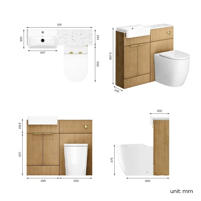 Sicily Fluted Country Oak Combination Vanity Basin with Marble Top & Utah Comfort Height Toilet 1000mm - Brushed Brass Accents