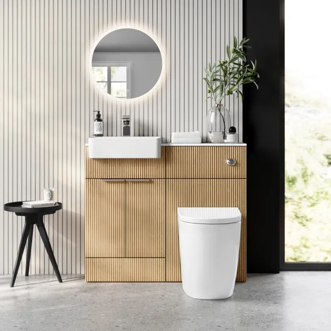 Sicily Fluted Country Oak Combination Vanity Basin with Marble Top & Utah Comfort Height Toilet 1000mm - Chrome Handles