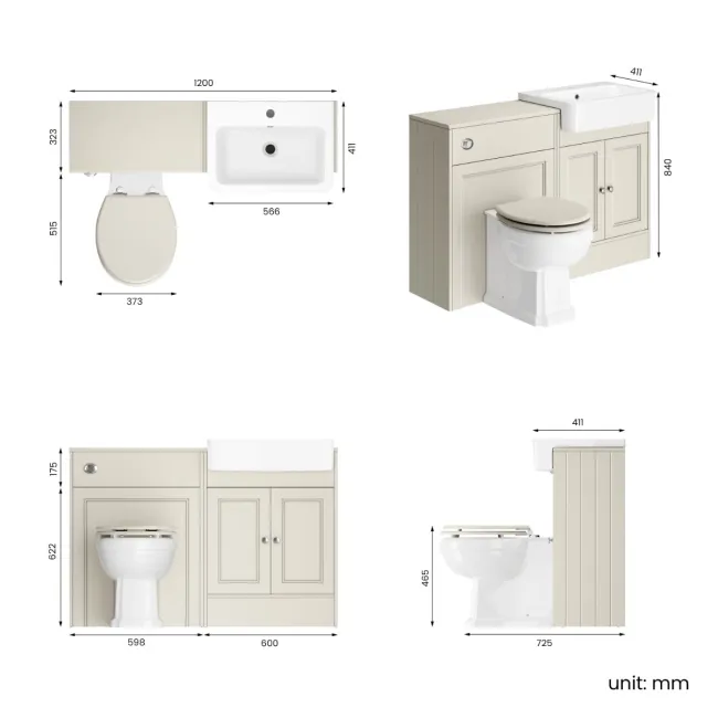 Monaco Chalk White Combination Vanity Basin and Hudson Toilet with Wooden Seat 1200mm