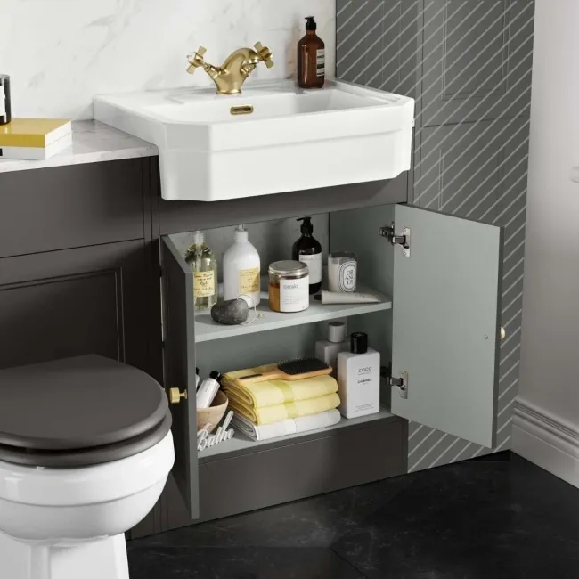 Monaco Graphite Grey Combination Vanity Traditional Basin with Marble Top & Hudson Toilet with Wooden Seat 1200mm - Brushed Brass Accents