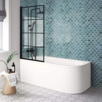 Oakham Space Saving Shower Bath 1700 & 6mm Easy Clean Matt Black Grid Bath Screen - Left Handed