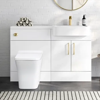 Harper Gloss White Combination Vanity Basin and Houston Toilet 1200mm - Brushed Brass Accents - Right Handed