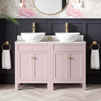 Bermuda Cashmere Pink Vanity with Marble Top & Oval Counter Top Basin 1200mm - Brushed Brass Accents