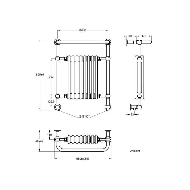 Gibraltar Wall Hung Large White Traditional Heated Towel Radiator (With Overhanging Rail)