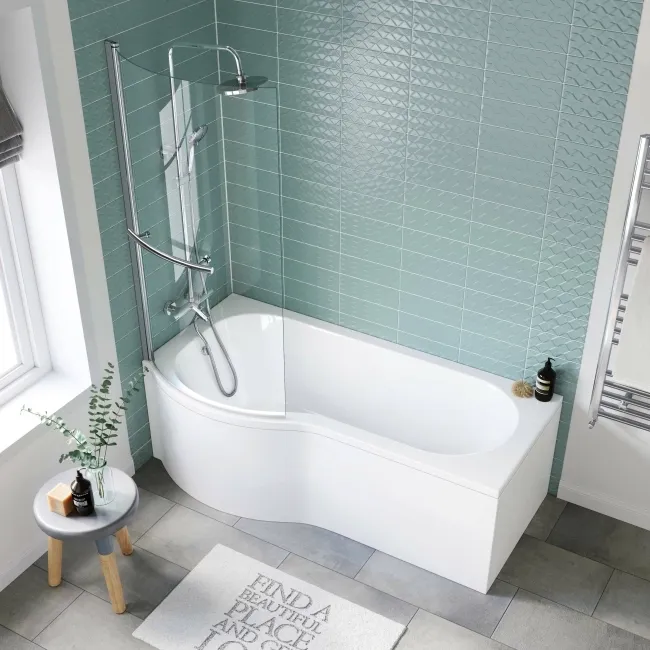 P Shaped 1700 Shower Bath with Front Panel & 4mm Screen with Rail - Left Handed
