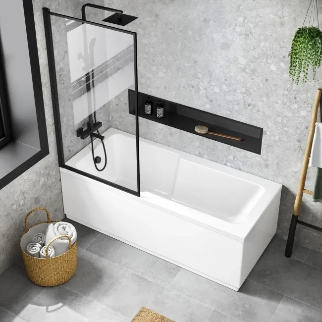 Dover 1700x750 Keyhole Shower Bath & 6mm Easy Clean Matt Black Framed Bath Screen