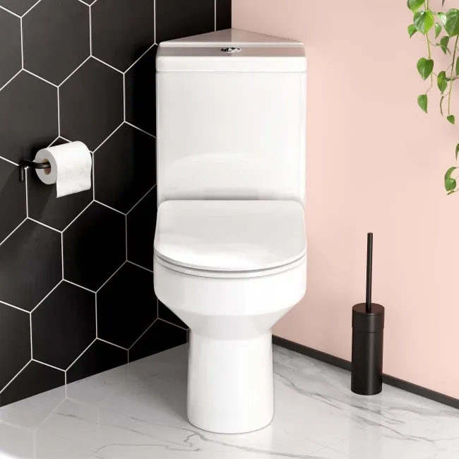 Denver Rimless Close Coupled Corner Toilet With Soft Close Slim Seat