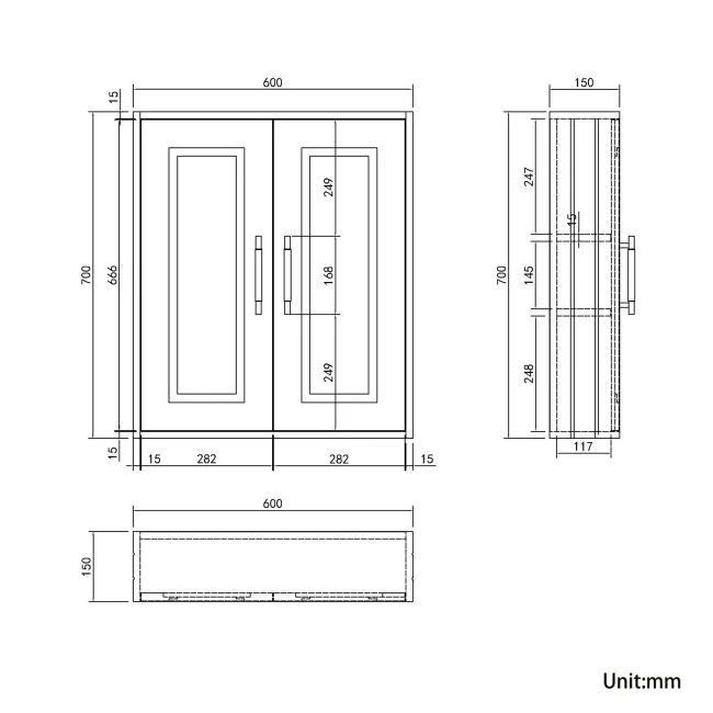 Graphite Grey Wall Hung Cabinet 700x600mm - Brass Knurled Handles