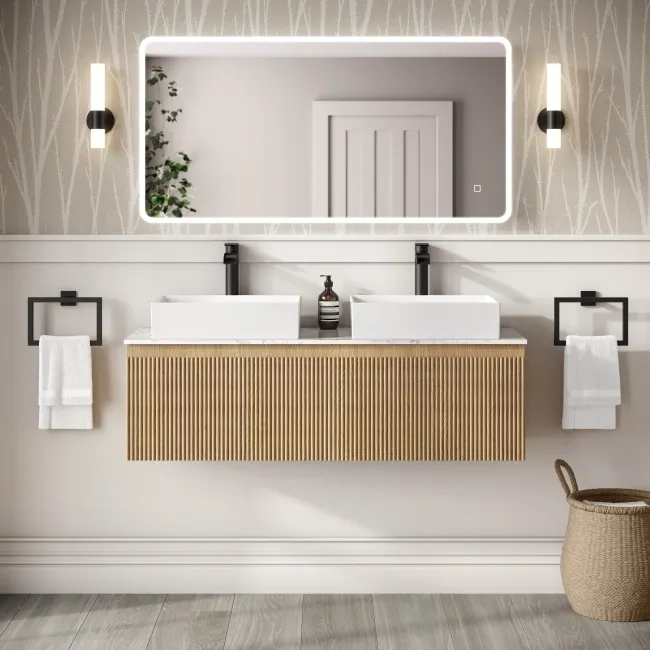 Malta Fluted Country Oak Double Wall Hung Drawer Vanity with Marble Top & Cody Basin 1200mm