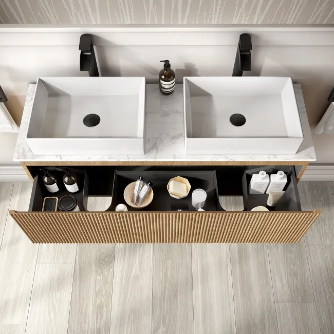 Malta Fluted Country Oak Double Wall Hung Drawer Vanity with Marble Top & Cody Basin 1200mm