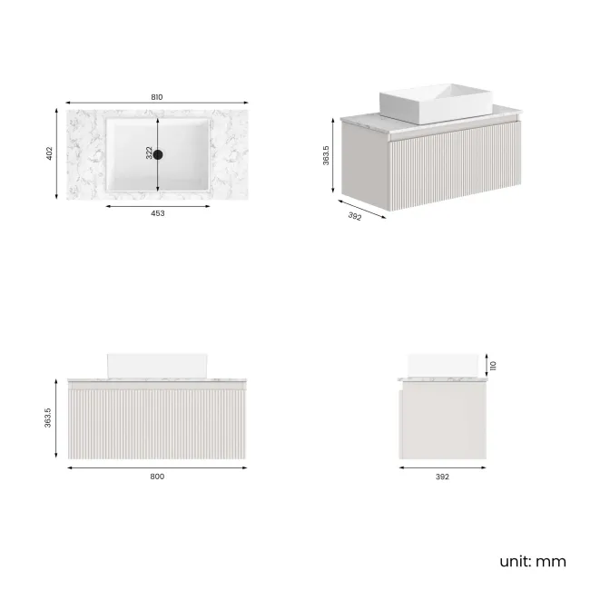 Malta Fluted Coastal White Wall Hung Drawer Vanity with Marble Top & Cody Basin 800mm