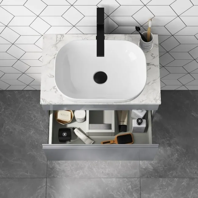 Trent Stone Grey Wall Hung Drawer Vanity with Marble Top & Curved Counter Top Basin 600mm
