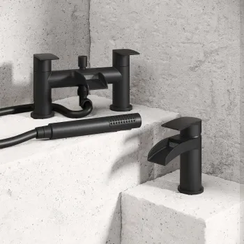 Eden Matt Black Waterfall Basin & Shower Bath Mixer Tap Set