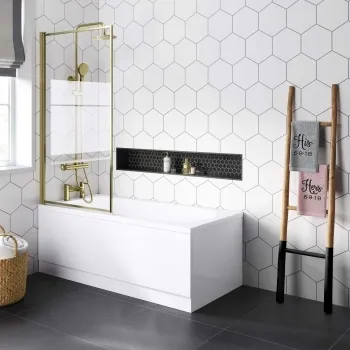 Stafford 1600x700 Round Shower Bath & 6mm Easy Clean Brushed Brass Framed Bath Screen
