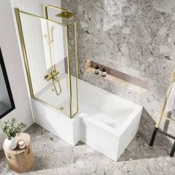 L Shaped 1500 Shower Bath & 6mm Easy Clean Brushed Brass Bath Screen - Left Handed