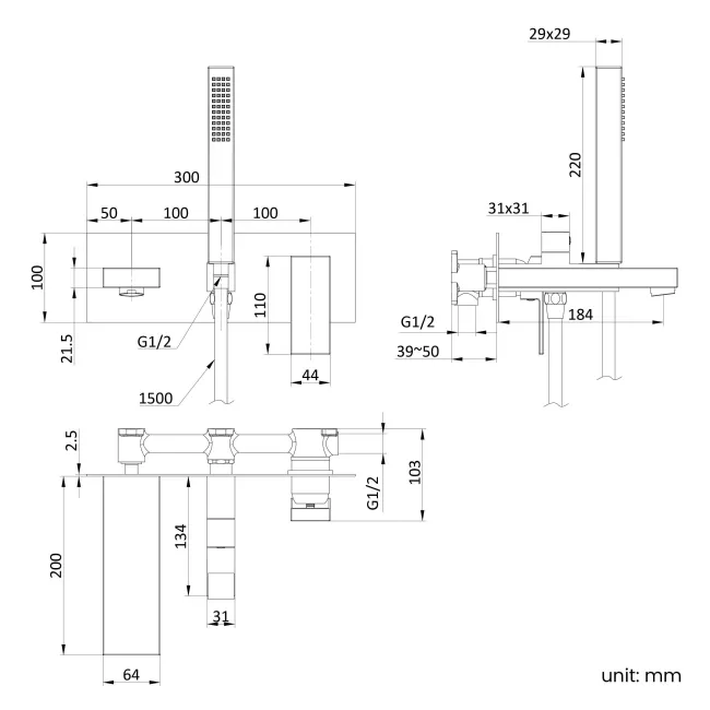Tamar Matt Black Wall Mounted Bath Mixer Tap & Handheld Shower