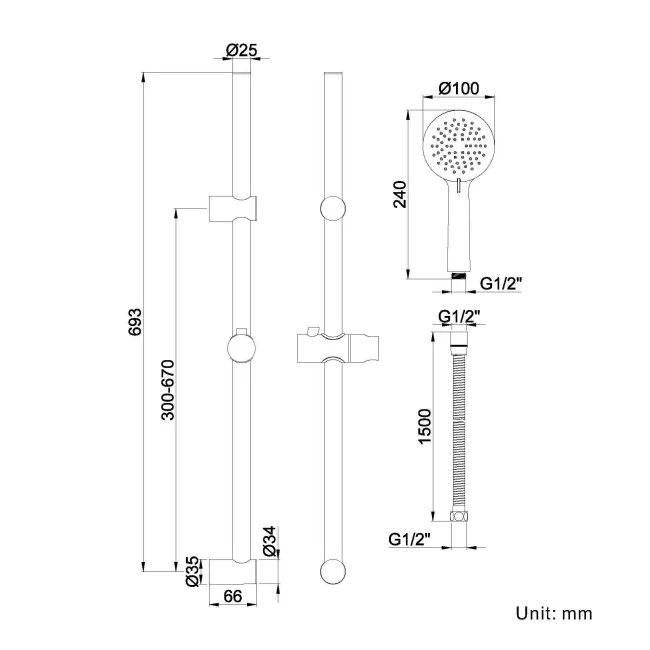 Chrome Round Shower and Adjustable Sliding Riser Set