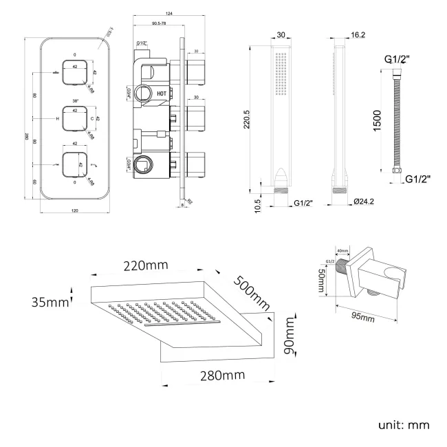 Galway Premium Chrome Square Thermostatic Waterfall Shower Set & Hand Shower