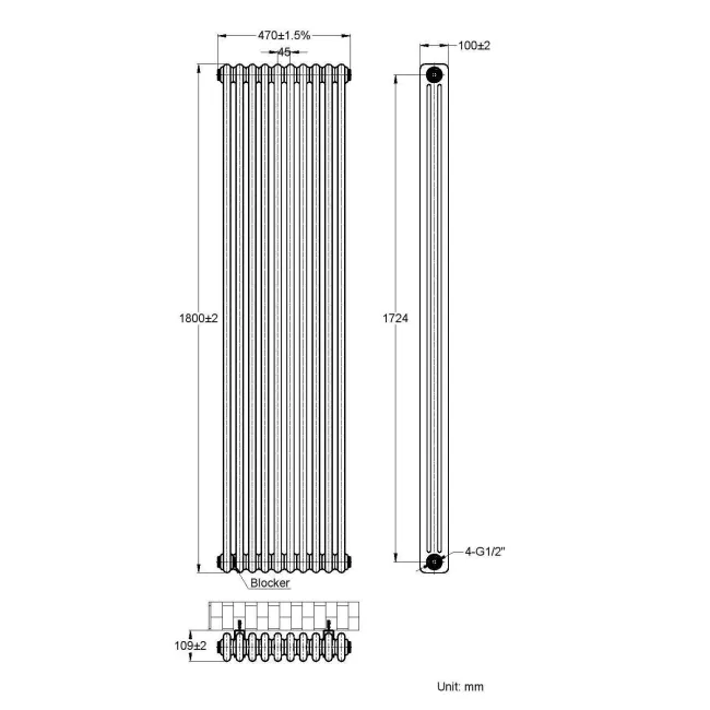 Athens Anthracite Triple Column Vertical Traditional Radiator 1800x470mm