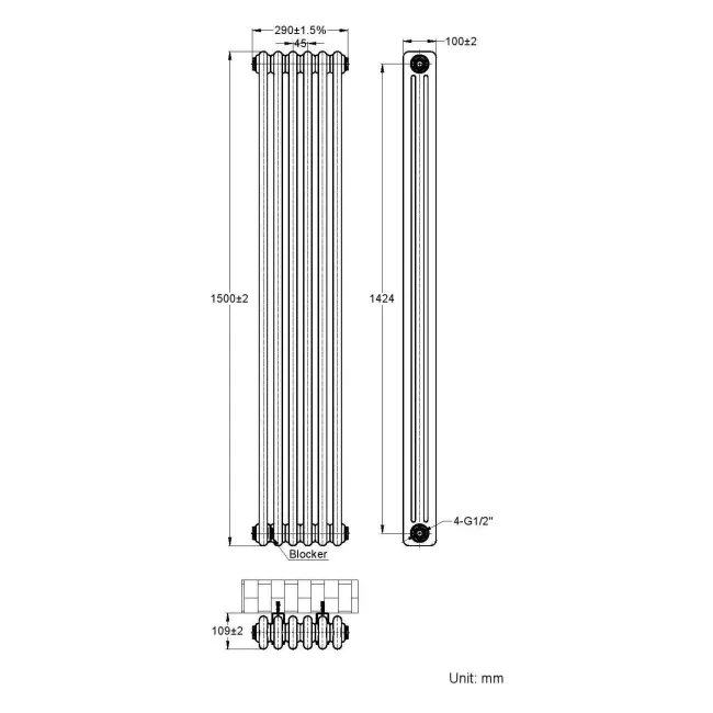 Athens Anthracite Triple Column Vertical Traditional Radiator 1500x290mm