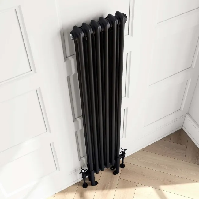 Athens Matt Black Double Column Vertical Traditional Radiator 1500x290mm