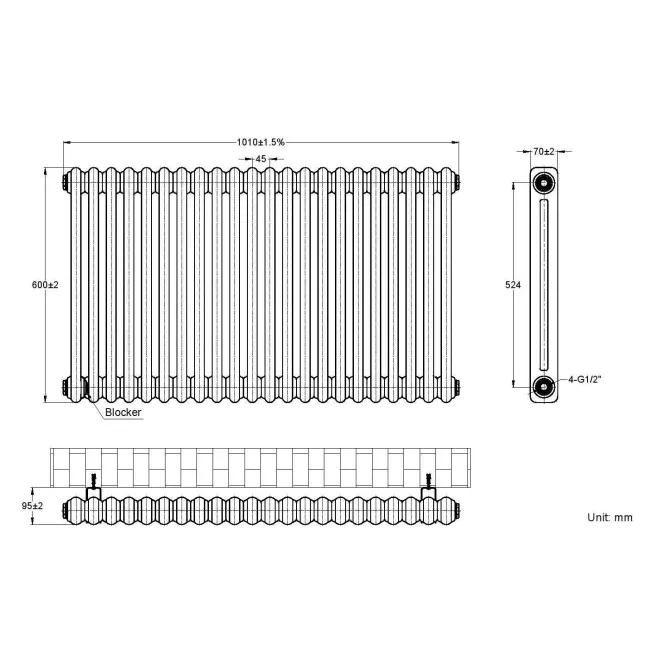 Athens Anthracite Double Column Horizontal Traditional Radiator 600x1010mm