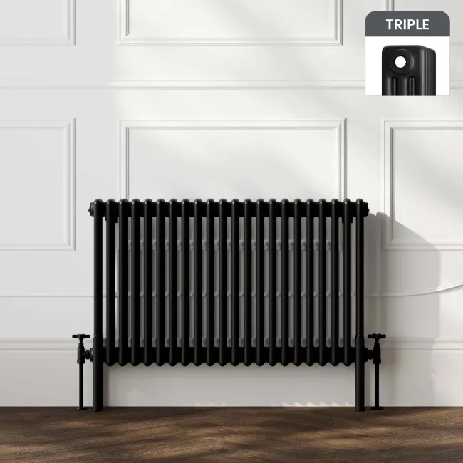 Athens Matt Black Triple Column Horizontal Traditional Radiator 600x1010mm