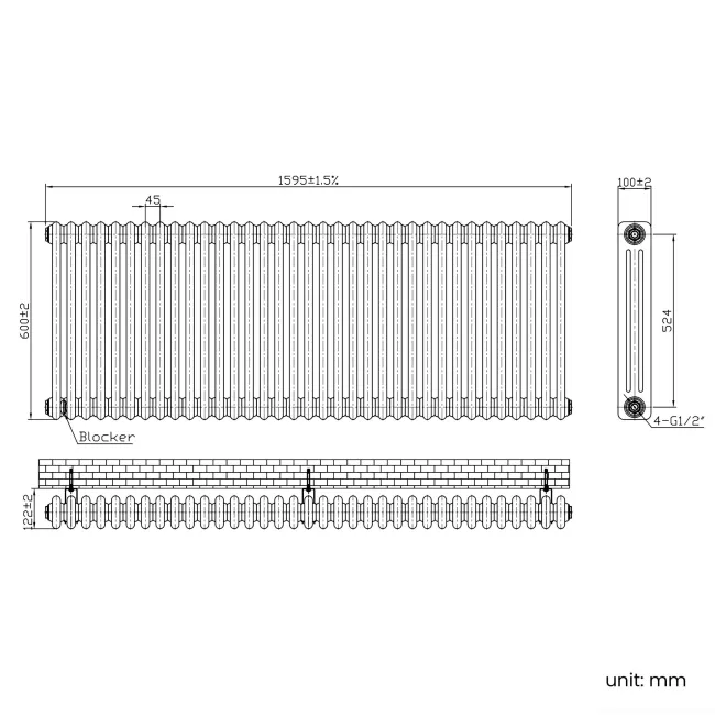Athens White Triple Column Horizontal Traditional Radiator 600x1595mm