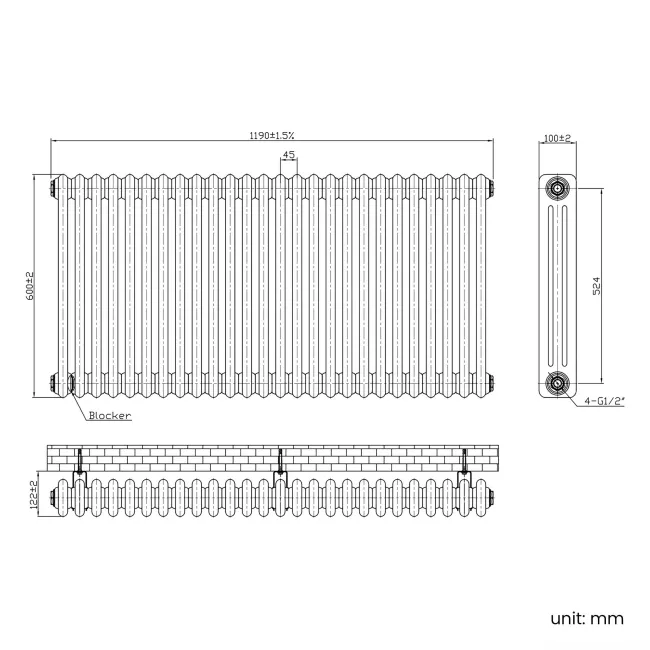 Athens Inky Blue Triple Column Horizontal Traditional Radiator 600x1190mm
