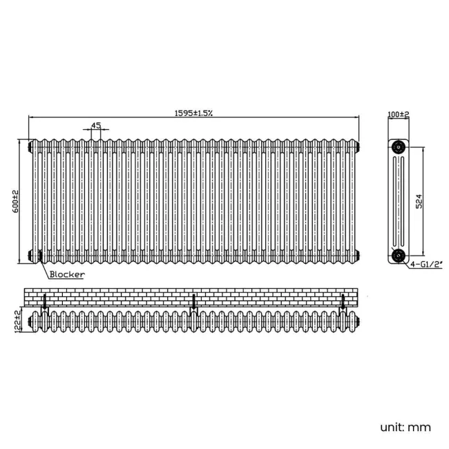Athens Antique Gold Triple Column Horizontal Traditional Radiator 600x1595mm