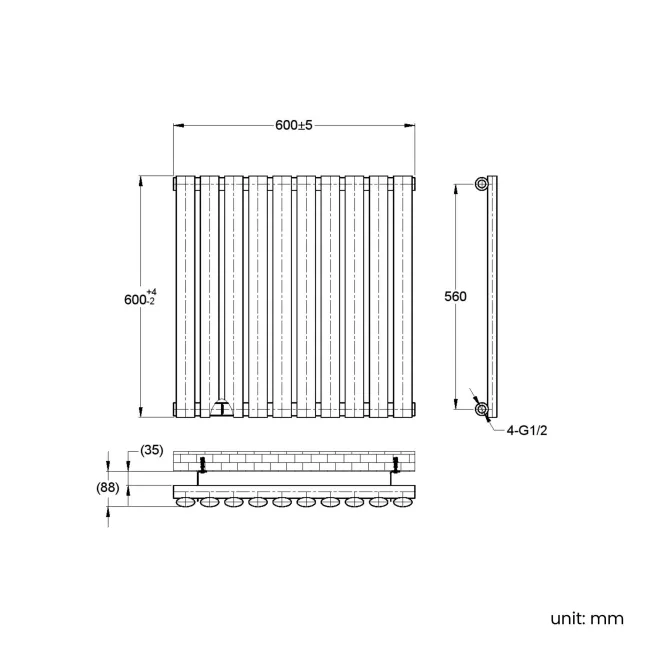 Marbella Matt Black Single Oval Panel Radiator 600x600mm