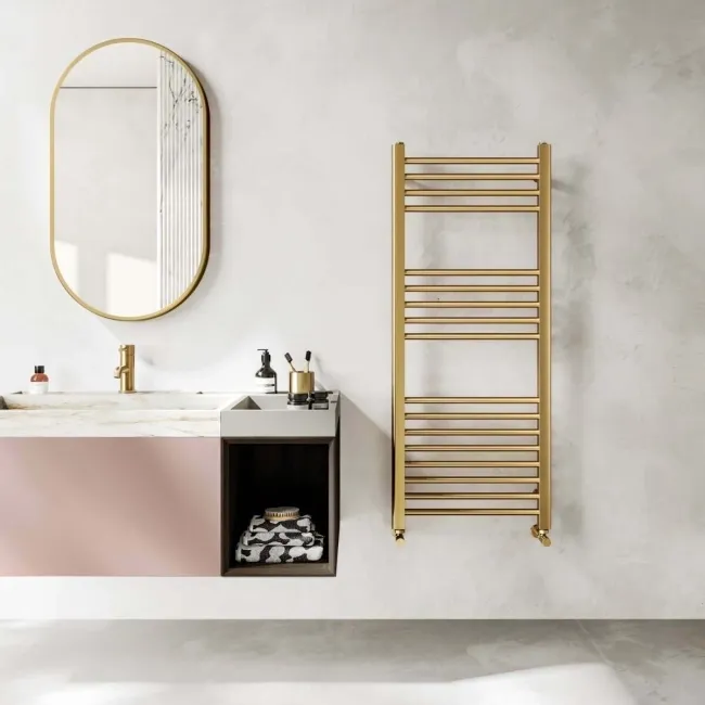 Barcelona Brushed Brass Straight Heated Towel Rail 1200x500mm