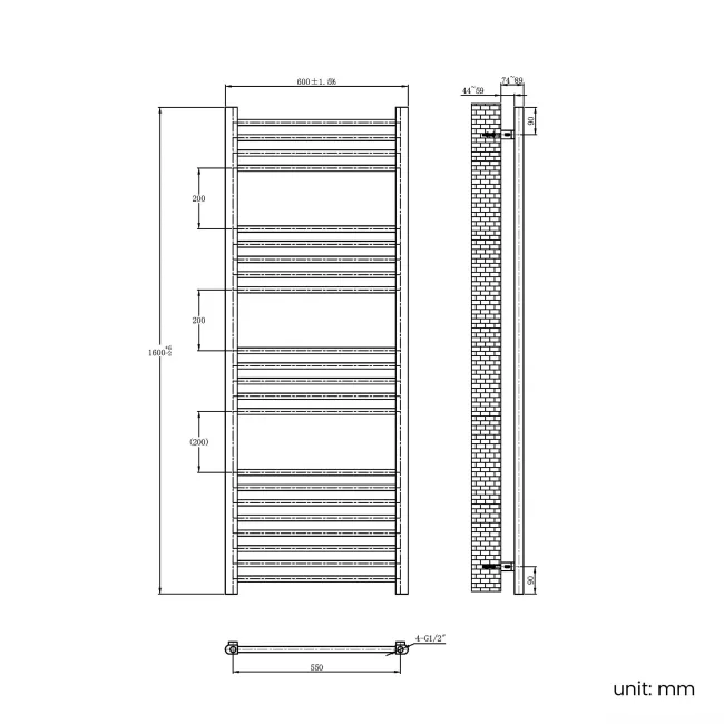 Barcelona Brushed Brass Straight Heated Towel Rail 1600x600mm