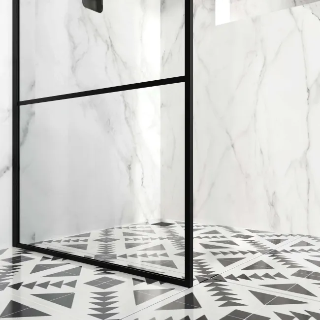 Munich Matt Black Grid Easy Clean 8mm Wet Room Shower Glass Panel 900mm