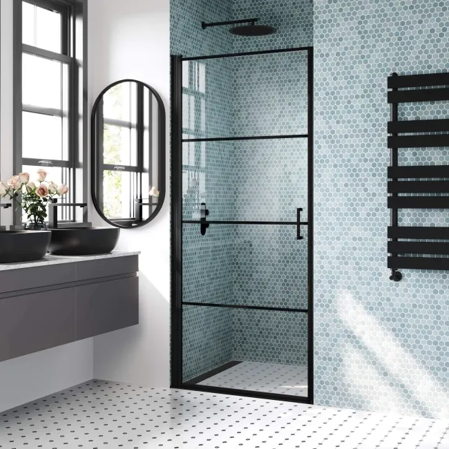 Toulon Matt Black Grid Easy Clean 6mm Pivot Shower Door 900mm