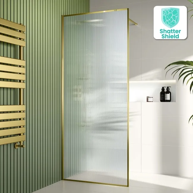 Munich Fluted Effect Brushed Brass Easy Clean 8mm Wet Room Shower Glass Panel 800mm