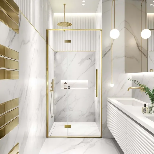 Helsinki Brushed Brass Premium Easy Clean 8mm Hinged Shower Door 1000mm