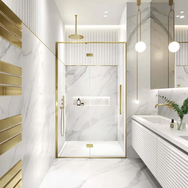 Helsinki Brushed Brass Premium Easy Clean 8mm Hinged Shower Door 1200mm