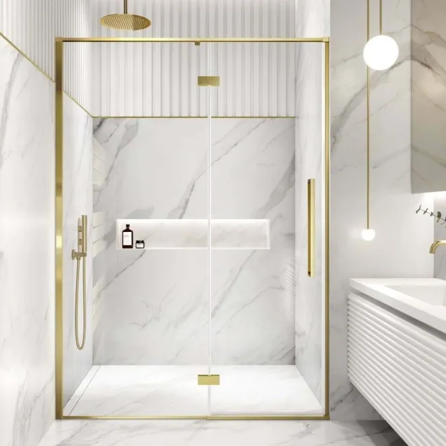 Helsinki Brushed Brass Premium Easy Clean 8mm Hinged Shower Door 1400mm