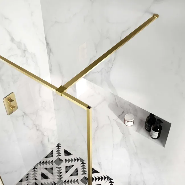 Munich Brushed Brass Framed Easy Clean 8mm Wet Room Shower Glass Panel 1400mm