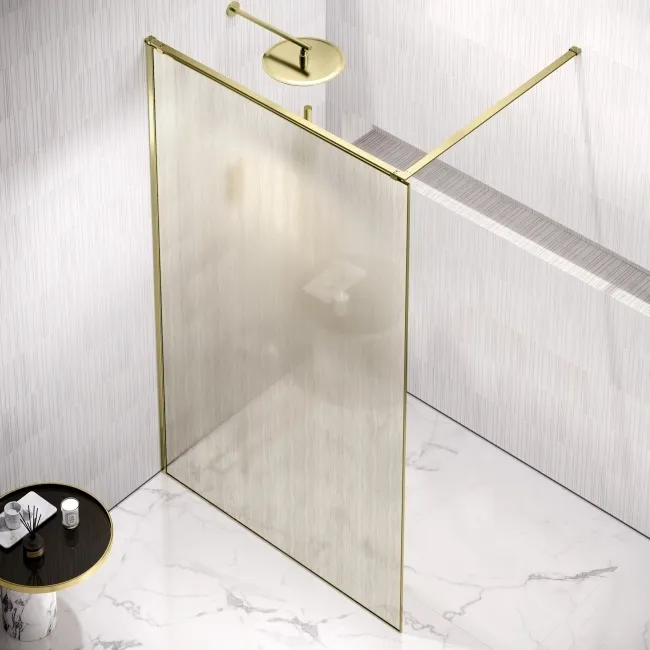 Lyon Brushed Brass 8mm Laminated Wet Room Shower Glass Panel with Gold Mesh Inlay 1200mm