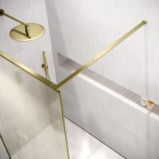Lyon Brushed Brass 8mm Laminated Wet Room Shower Glass Panel with Gold Mesh Inlay 1200mm