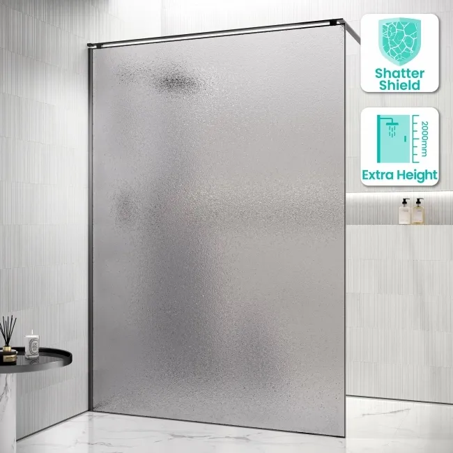 Lyon Gunmetal 8mm Laminated Wet Room Shower Glass Panel with Grey Frost Pattern 1400mm