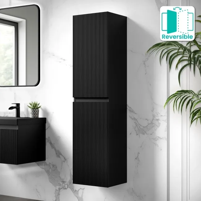 Malta Fluted Matt Black Wall Hung Tall Cabinet 1400x350mm