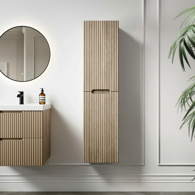 Crete Fluted Apex Oak Wall Hung Tall Cabinet 1400x350mm